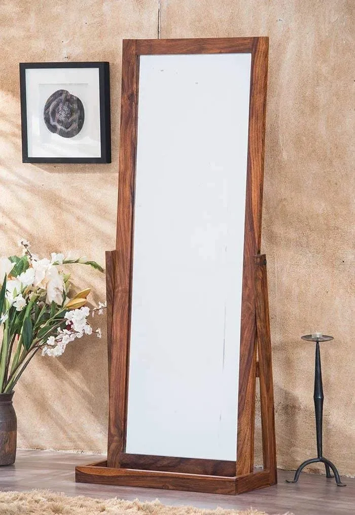 BALAJI FURNITURE Solid Sheesham Wood Tall Dressing Mirror For Bedroom | Wooden Space Saving Long Mirror Dresser | Decorative Unique Cheval Mirror With Stand | Rosewood, Honey, Rectangular, Framed