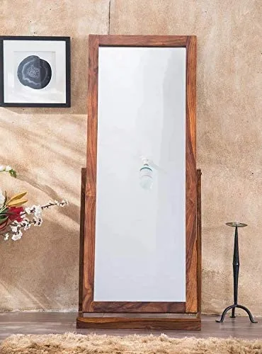 BALAJI FURNITURE Solid Sheesham Wood Tall Dressing Mirror For Bedroom | Wooden Space Saving Long Mirror Dresser | Decorative Unique Cheval Mirror With Stand | Rosewood, Honey, Rectangular, Framed