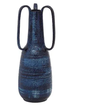 BLUE CERAMIC VASE WITH HANDLES, 7" X 7" X 17"