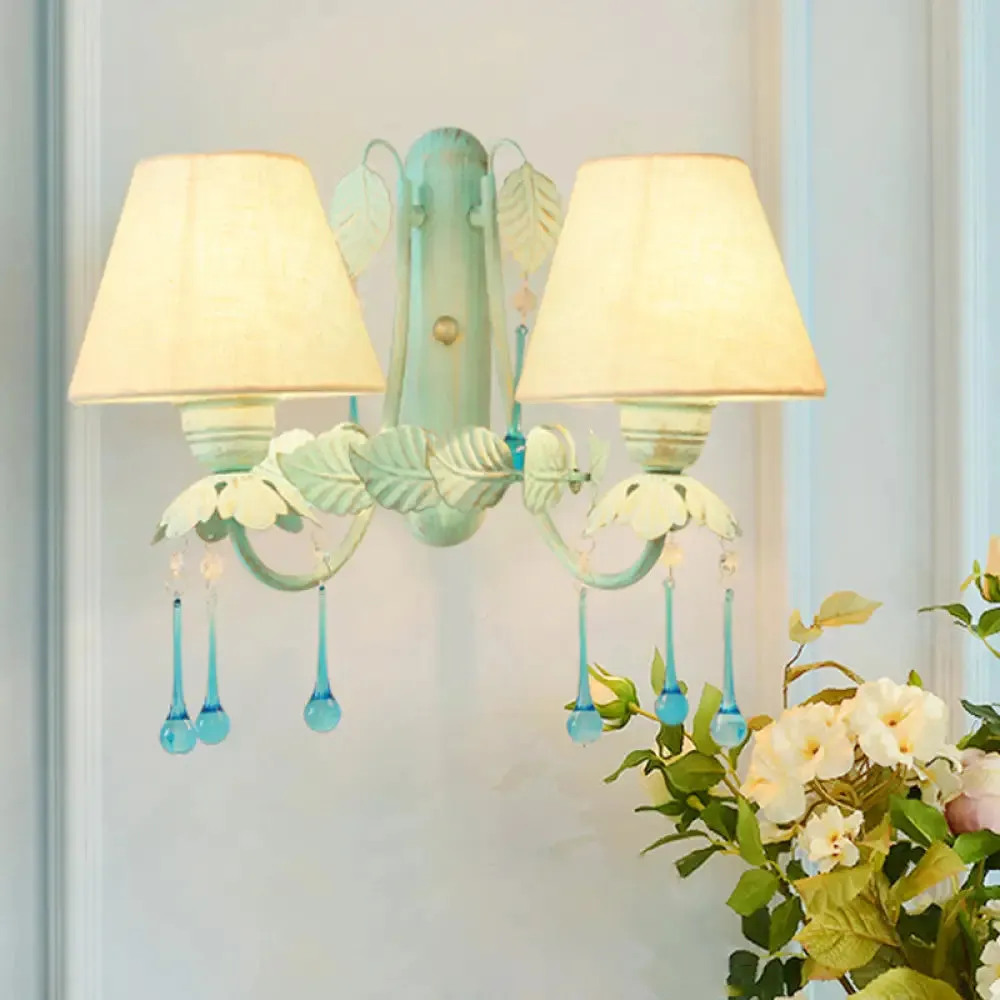 Blue Droplet Conical Fabric Wall Mounted Light with 2 Heads - Ideal for American Garden & Dining Room