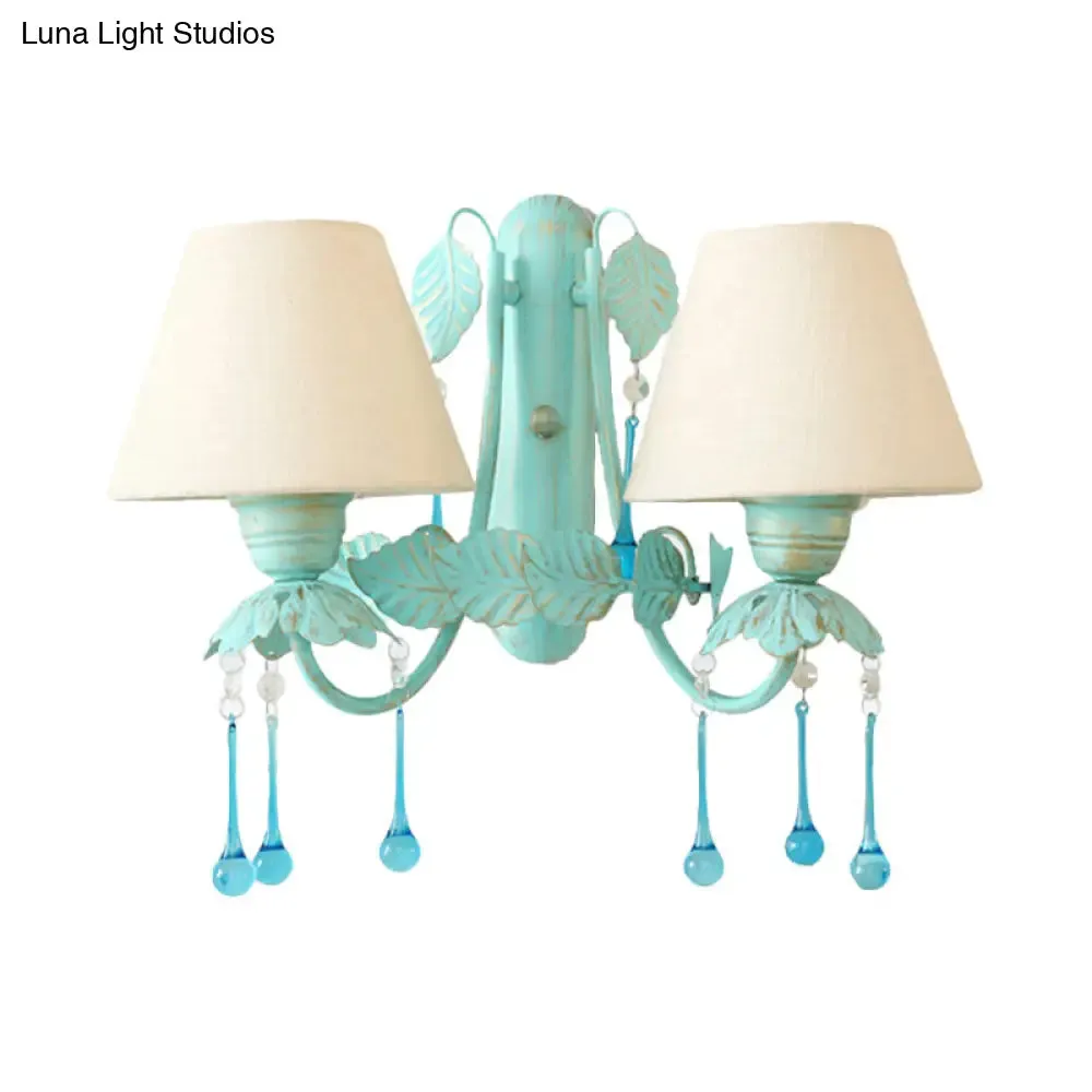 Blue Droplet Conical Fabric Wall Mounted Light with 2 Heads - Ideal for American Garden & Dining Room