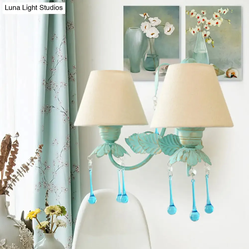 Blue Droplet Conical Fabric Wall Mounted Light with 2 Heads - Ideal for American Garden & Dining Room