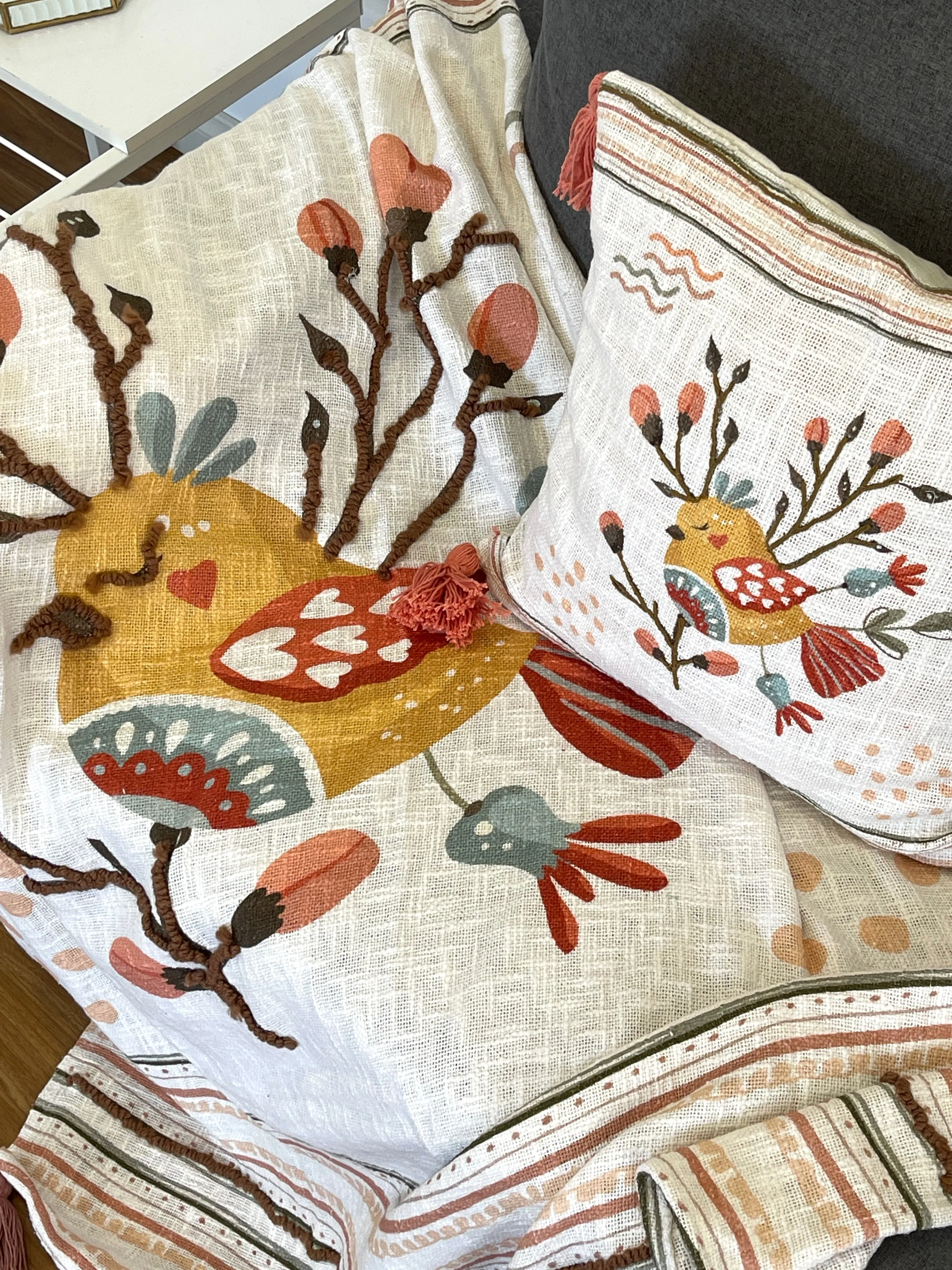 Bohemian Bird Printed Embroidered Cotton Bedding Cushion Throw