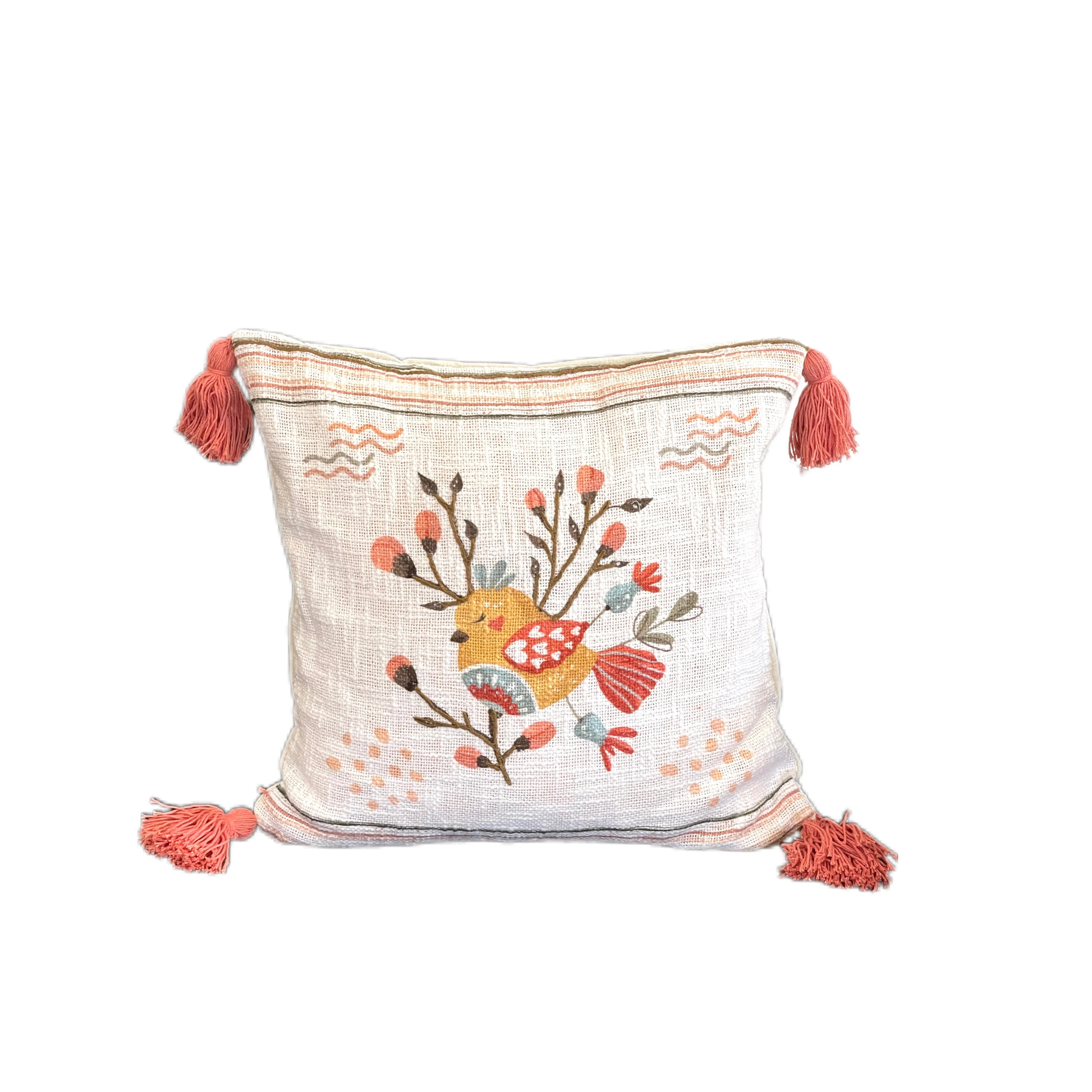 Bohemian Bird Printed Embroidered Cotton Bedding Cushion Throw