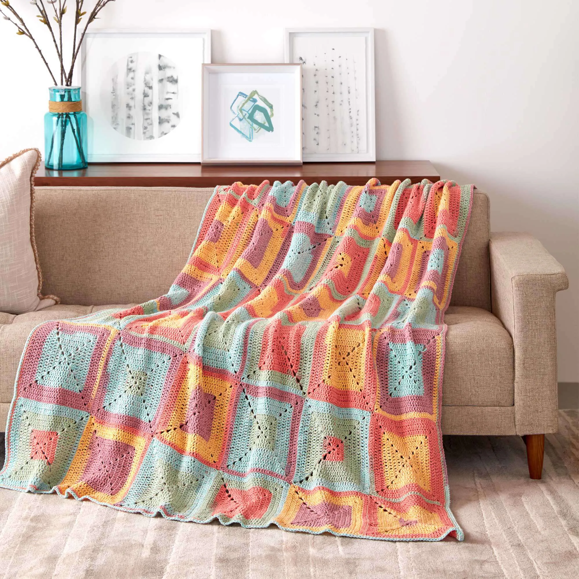 Caron Colorful Crochet Granny Squares Blanket
