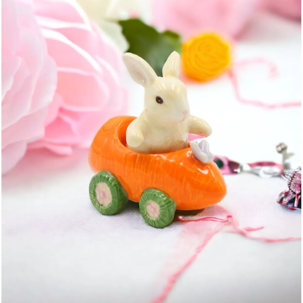 Ceramic Bunny Rabbit Carrot Racecar Salt Pepper Shakers Spring