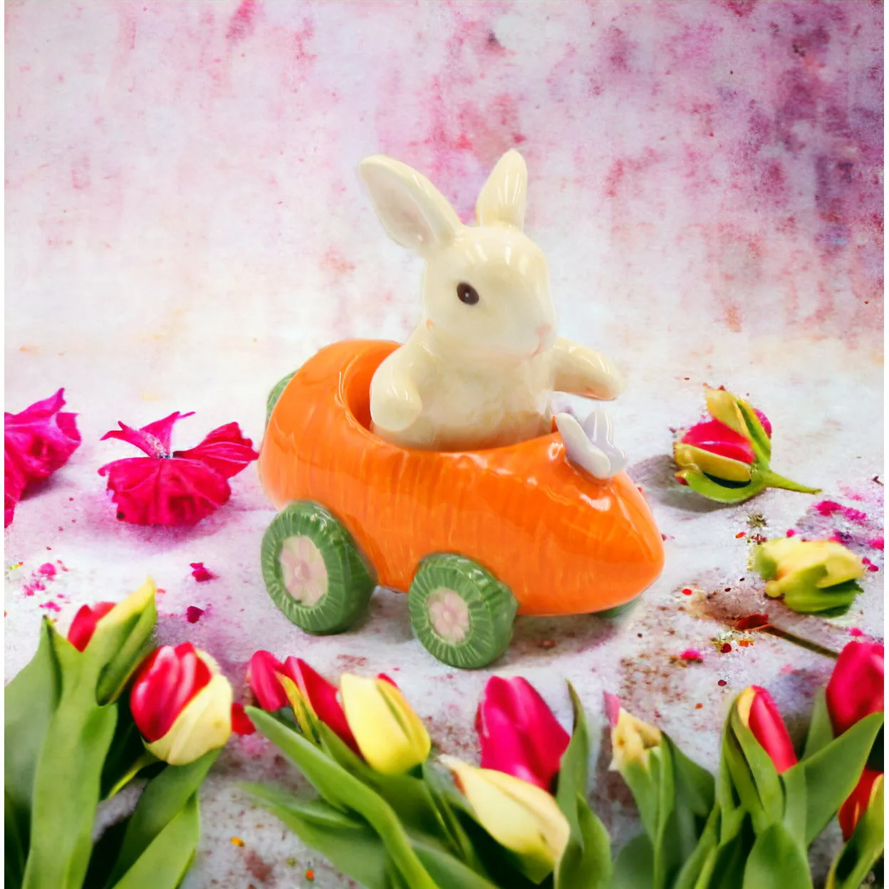 Ceramic Bunny Rabbit Carrot Racecar Salt Pepper Shakers Spring