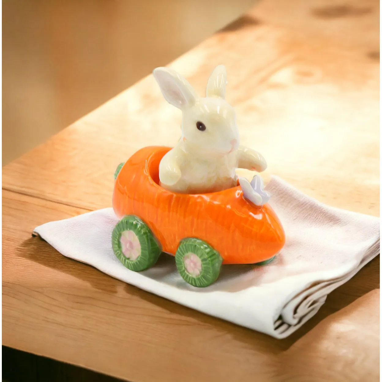 Ceramic Bunny Rabbit Carrot Racecar Salt Pepper Shakers Spring