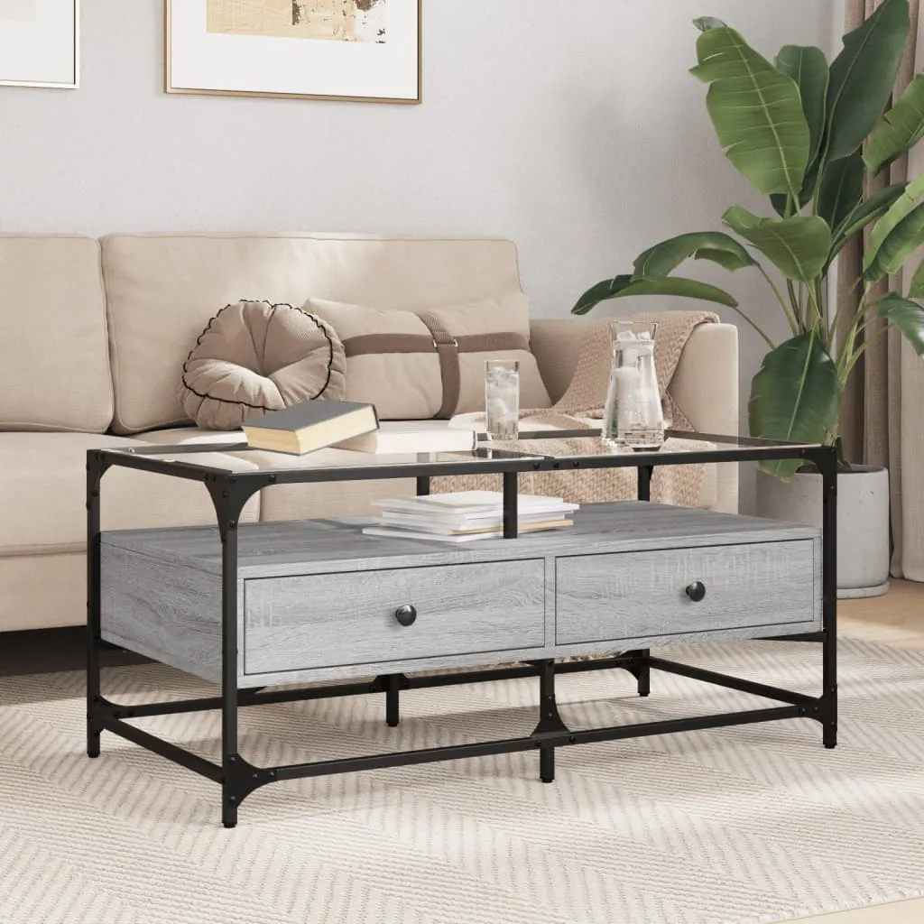 Coffee Table with Glass Top Grey Sonoma 98.5x50x45 cm Steel