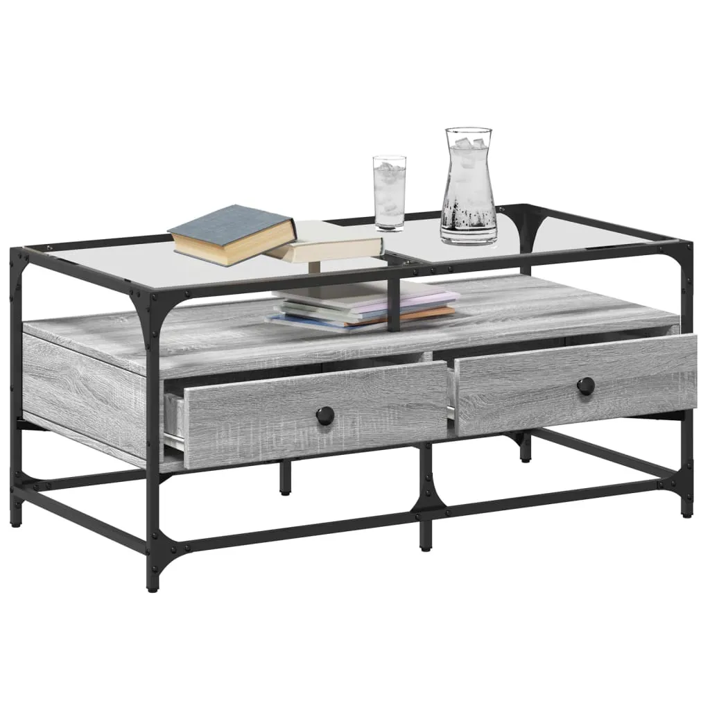 Coffee Table with Glass Top Grey Sonoma 98.5x50x45 cm Steel