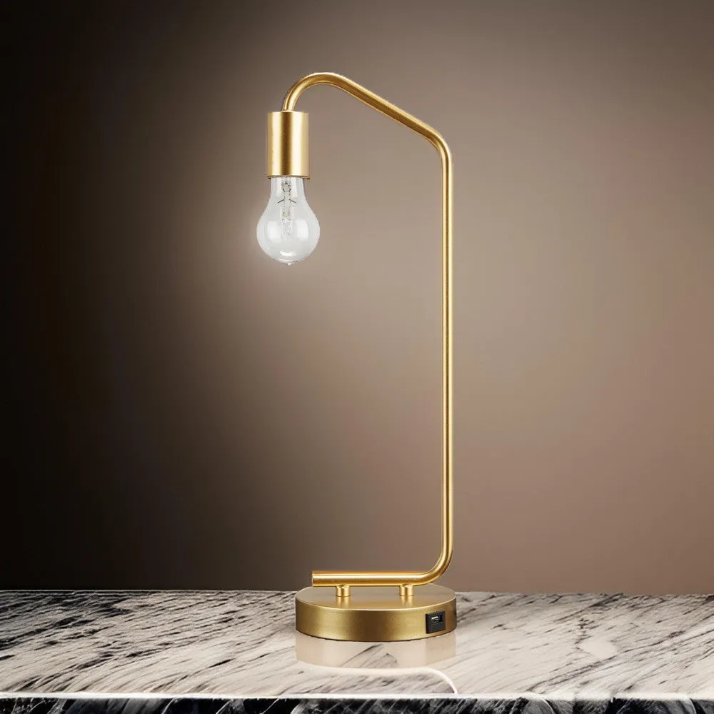 Colin 20 Inch Desk Lamp, Gold Metal Frame, Round Base, USB Charging Port By Casagear Home