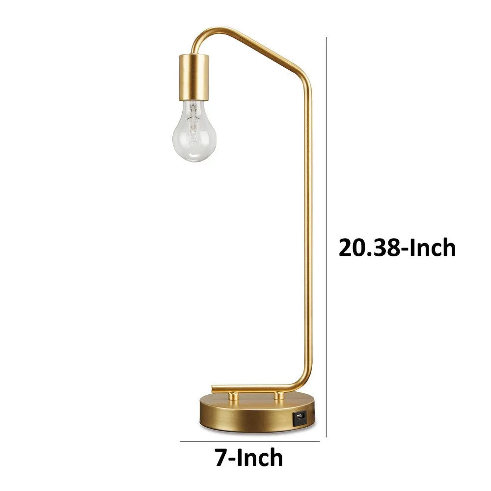 Colin 20 Inch Desk Lamp, Gold Metal Frame, Round Base, USB Charging Port By Casagear Home