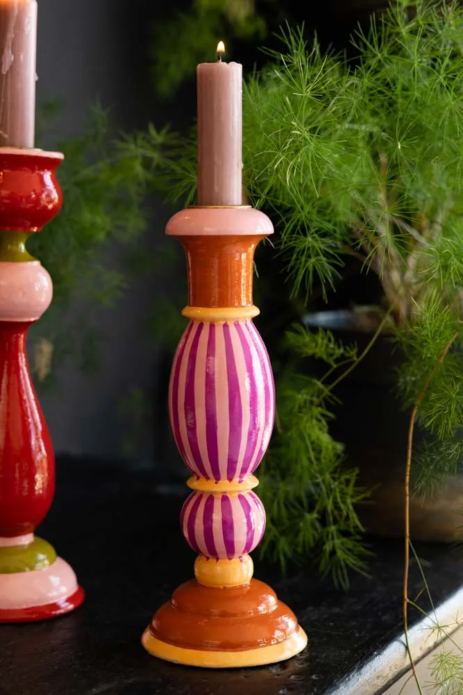 Colourful Candlestick Holder in Pink Stripes