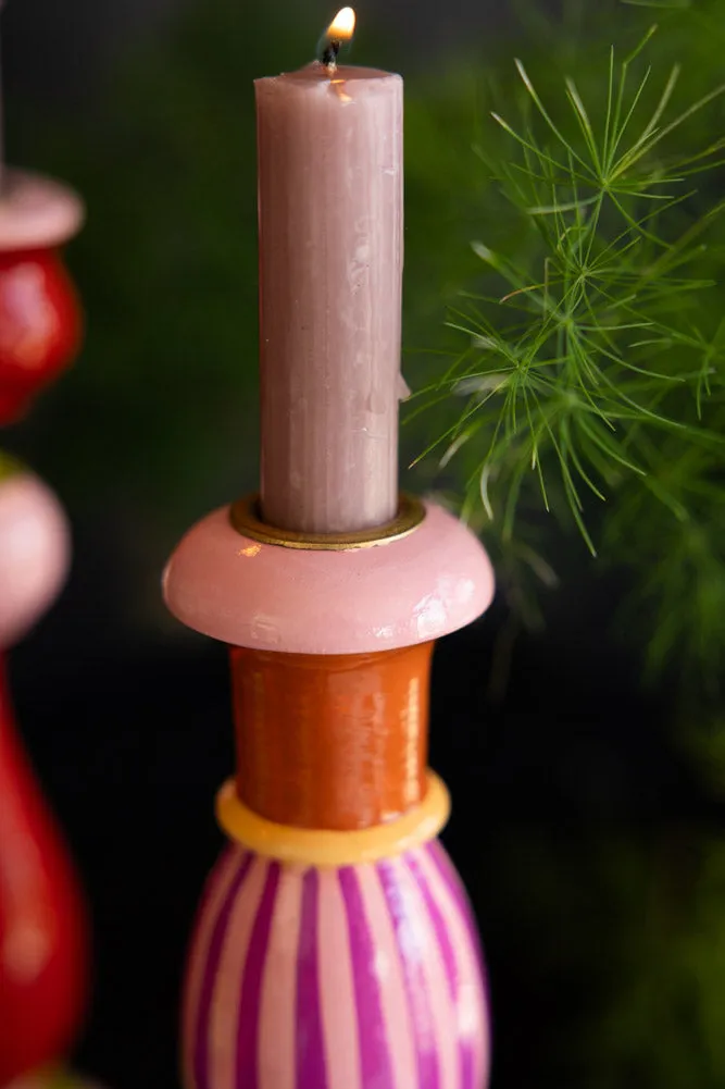 Colourful Candlestick Holder in Pink Stripes
