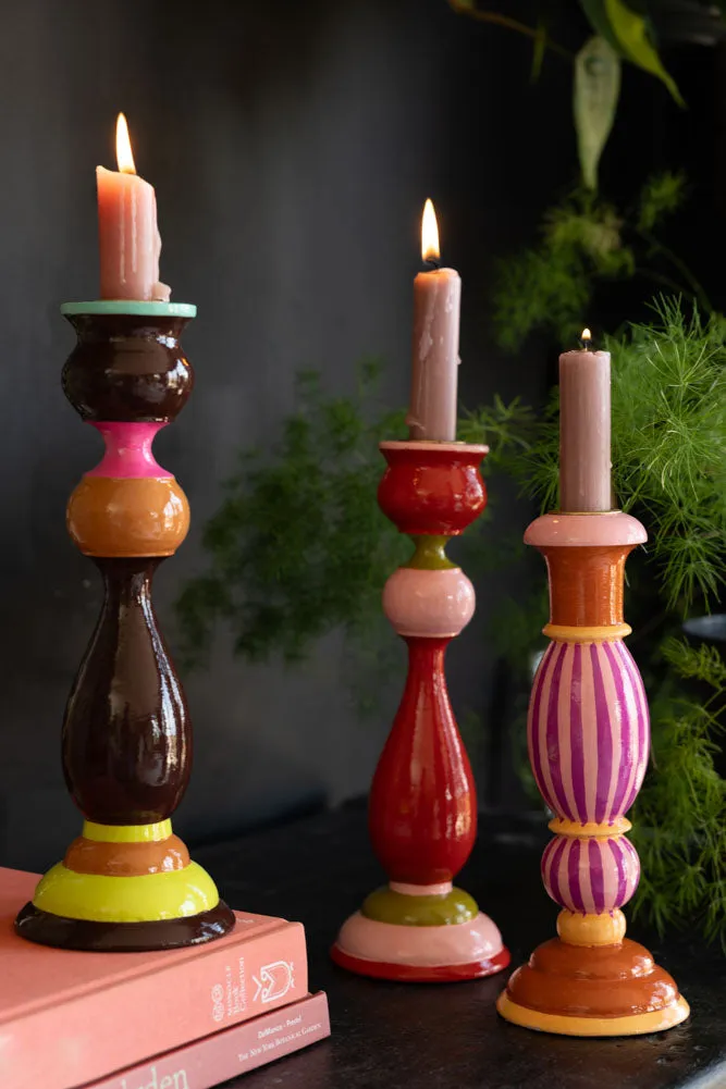 Colourful Candlestick Holder in Pink Stripes