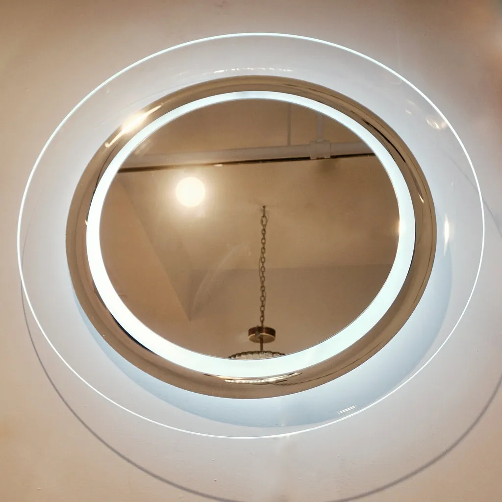 Contemporary Italian Minimalist Curved Silver & Frosted Glass Round Lit Wall Mirror