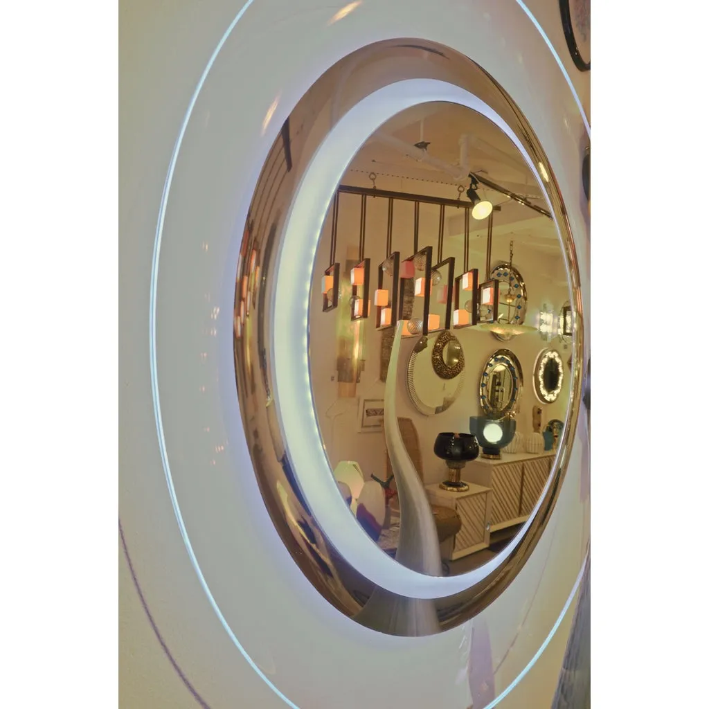 Contemporary Italian Minimalist Curved Silver & Frosted Glass Round Lit Wall Mirror
