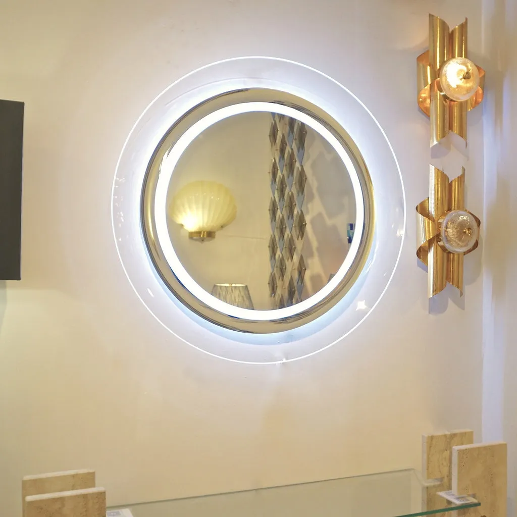 Contemporary Italian Minimalist Curved Silver & Frosted Glass Round Lit Wall Mirror