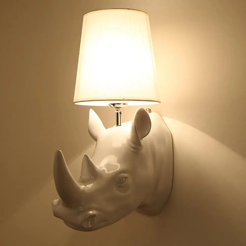 Country Style Rhinoceros Resin Sconce Light - Wall Mounted Lamp with Cone Fabric Shade