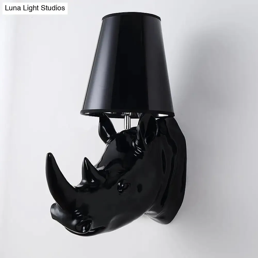 Country Style Rhinoceros Resin Sconce Light - Wall Mounted Lamp with Cone Fabric Shade