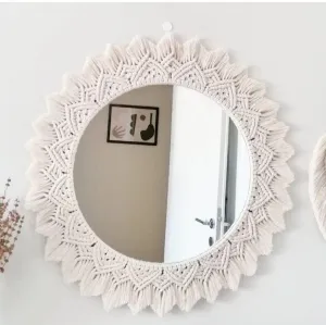 Crafty Creations Wall Hanging Mirror Home Decor, Boho Round Decorative for Make-Up, Living Room, Bedroom, Bathroom Decoration, Off-White