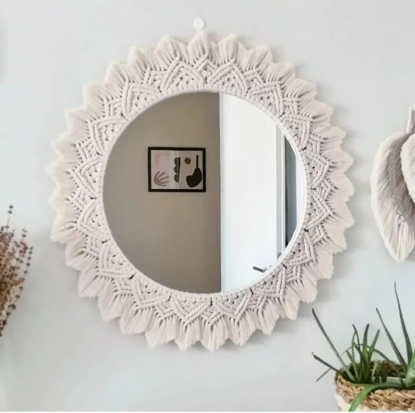 Crafty Creations Wall Hanging Mirror Home Decor, Boho Round Decorative for Make-Up, Living Room, Bedroom, Bathroom Decoration, Off-White