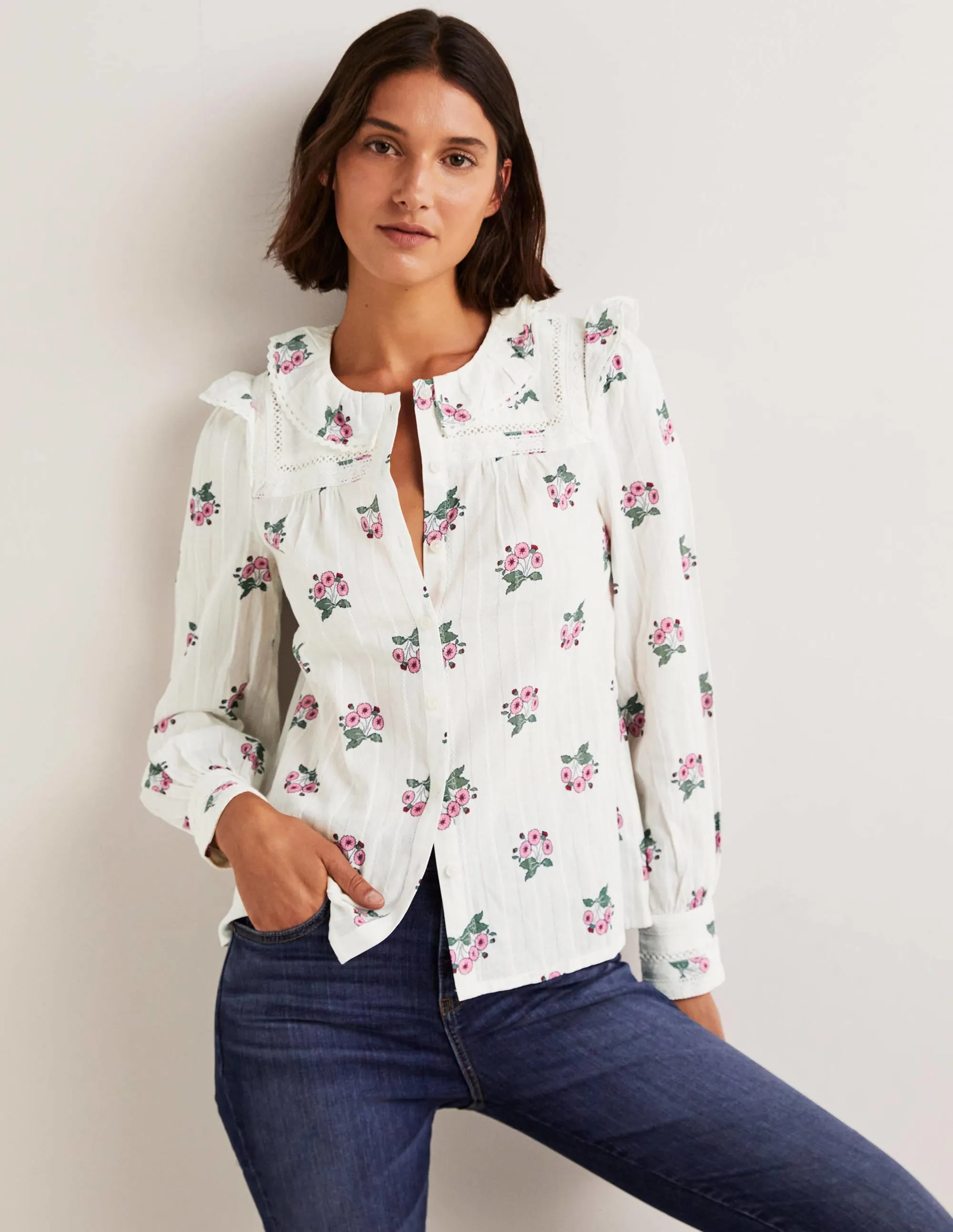 Crochet Trim Blouse-Ivory, Wild Pansy