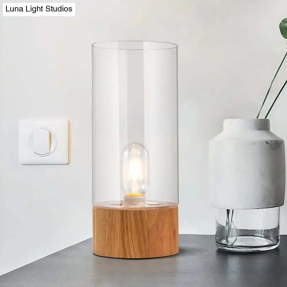 Cylinder Bedroom Desk Lamp - Clear Glass LED Reading Light with Wood Base