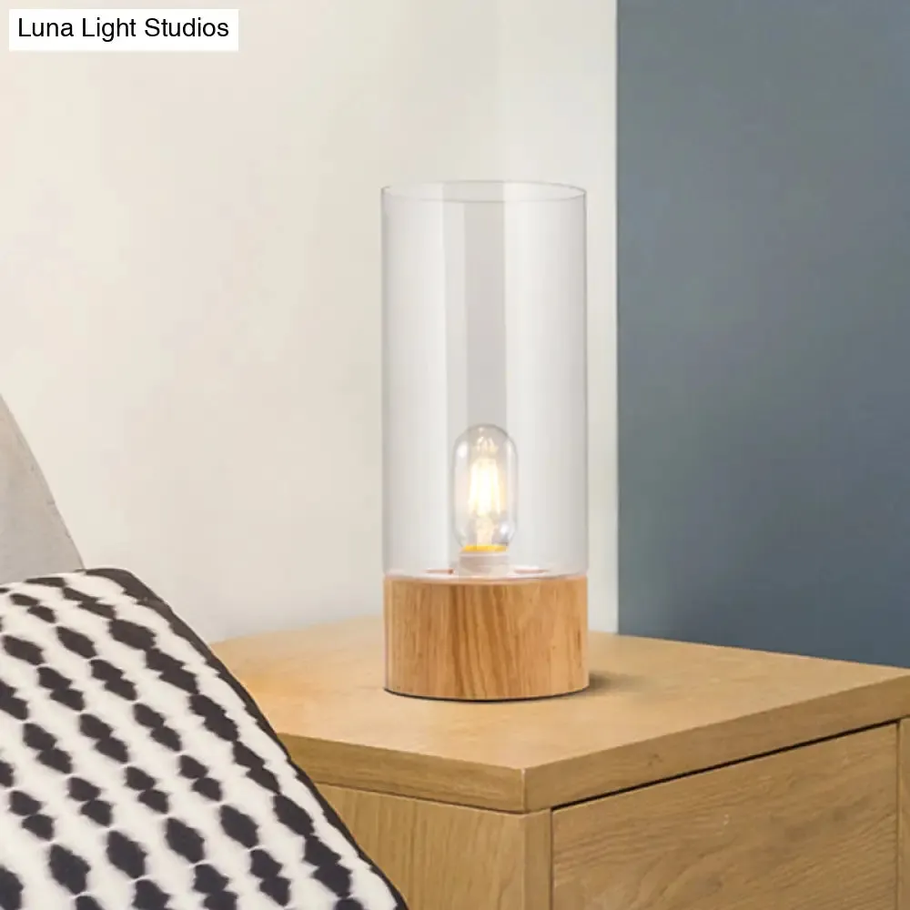Cylinder Bedroom Desk Lamp - Clear Glass LED Reading Light with Wood Base
