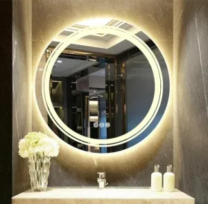 DAZZLIZE MIRROR Round wall mirror stylish design and customizeable mirror for washroom and Bedroom mirror with 3 Color light-wall mounted mirror with front light (Warm & cool light) and size (21x21).
