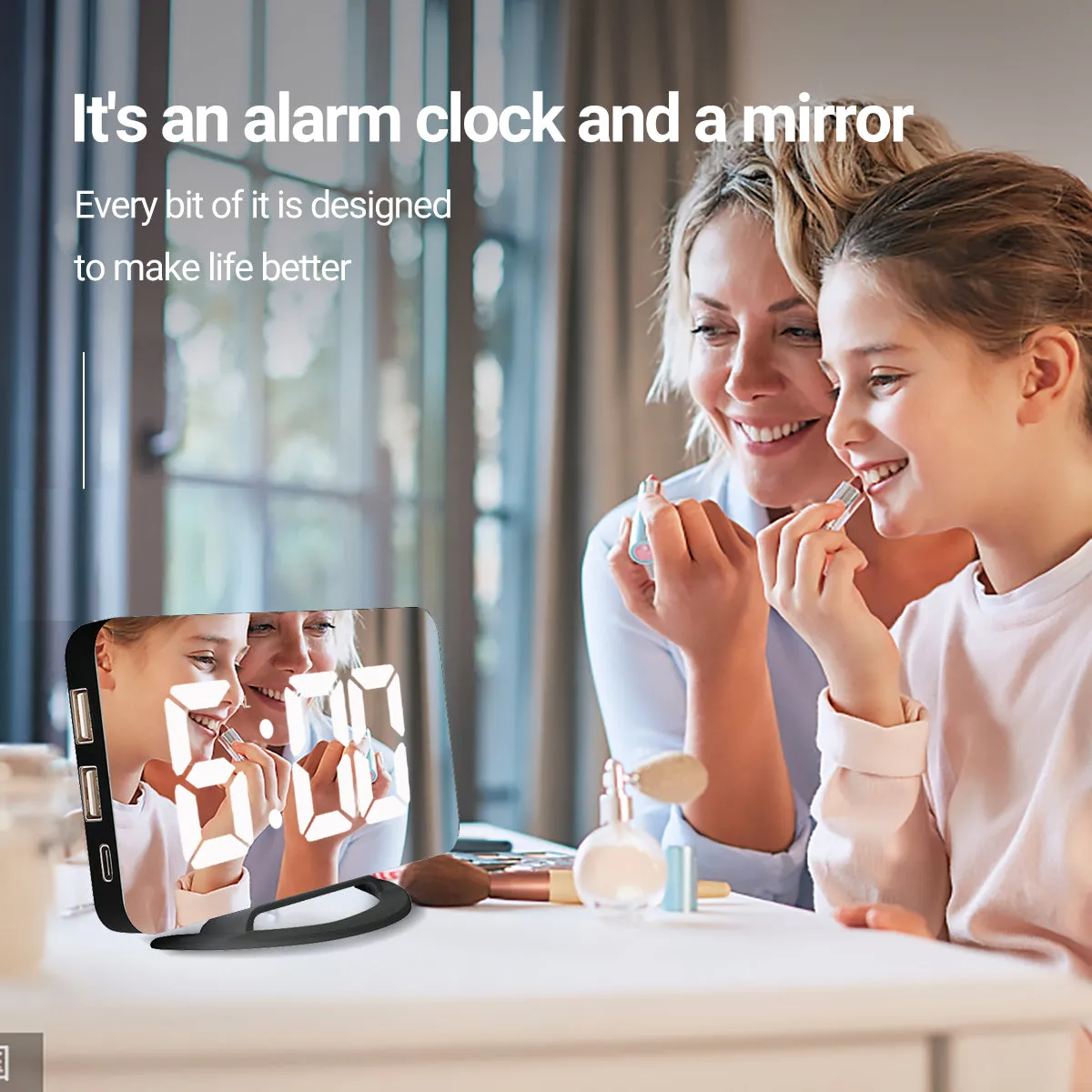 Digital Alarm Clock 7&quot; Large LED Mirror Electronic Clocks with Touch Snooze Dual USB Charge Desk Wall Modern Clocks