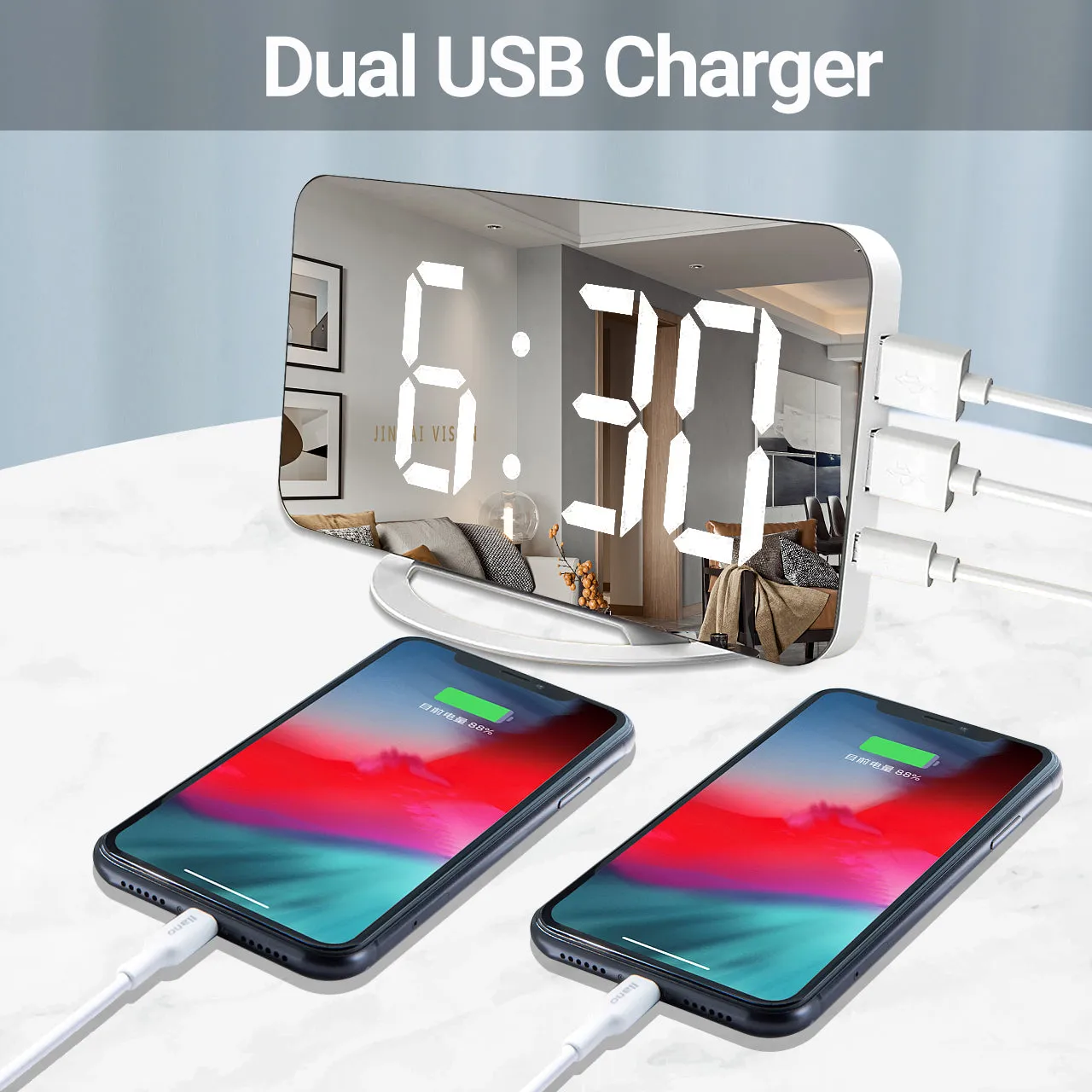 Digital Alarm Clock 7&quot; Large LED Mirror Electronic Clocks with Touch Snooze Dual USB Charge Desk Wall Modern Clocks