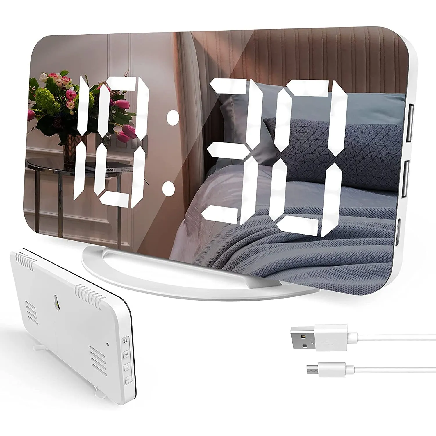 Digital Alarm Clock 7&quot; Large LED Mirror Electronic Clocks with Touch Snooze Dual USB Charge Desk Wall Modern Clocks