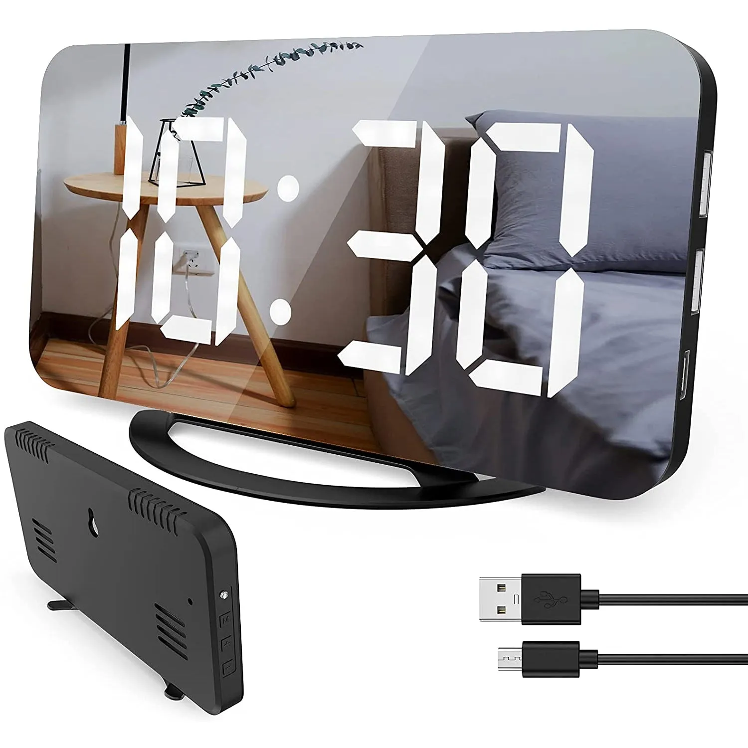 Digital Alarm Clock 7&quot; Large LED Mirror Electronic Clocks with Touch Snooze Dual USB Charge Desk Wall Modern Clocks