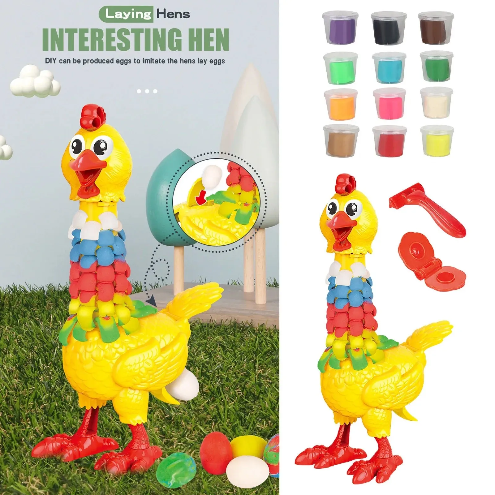 DIY Colorful Feathers Chicken Play Dough Laying Eggs - 286