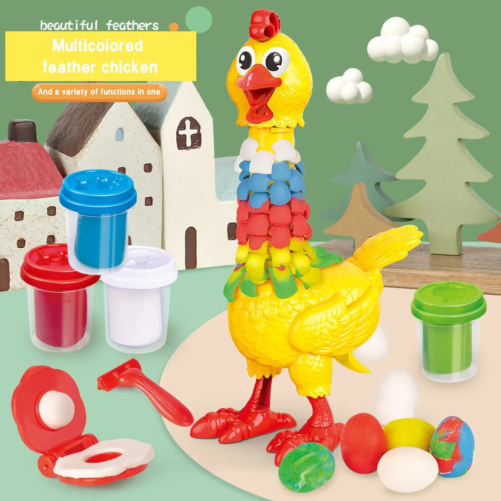 DIY Colorful Feathers Chicken Play Dough Laying Eggs - 286