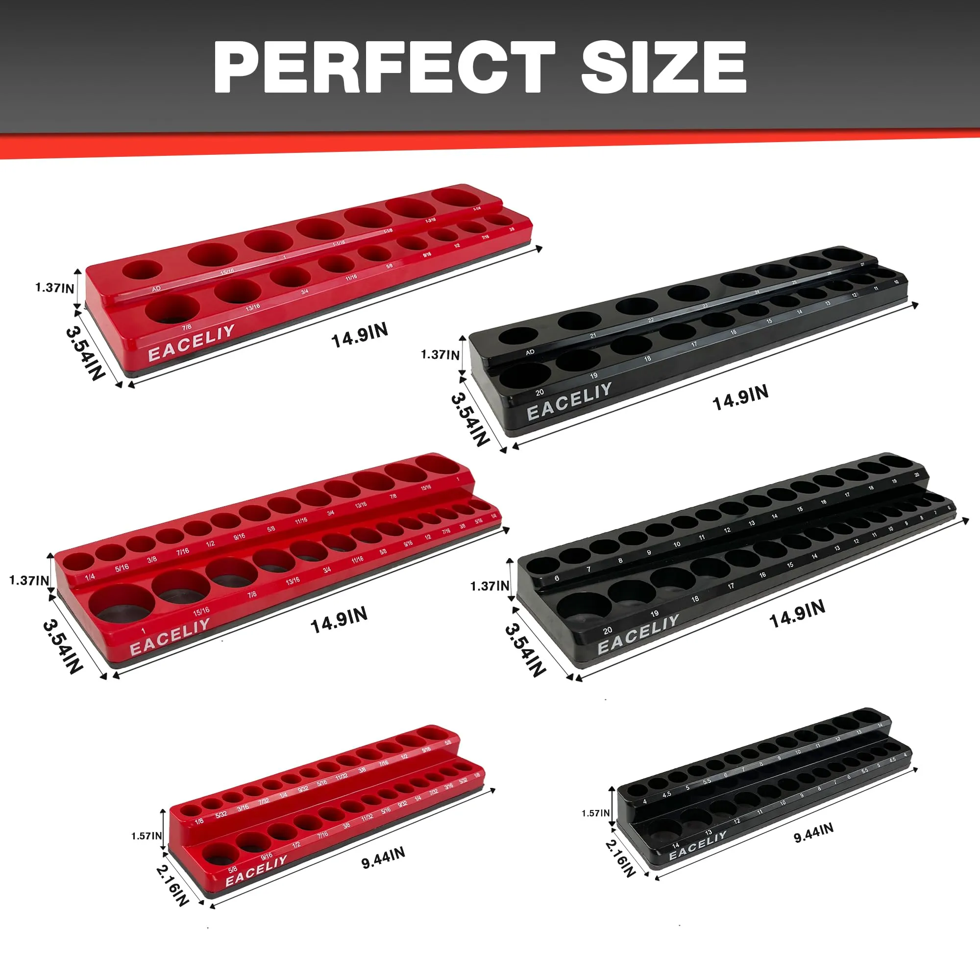 EACELIY 6Pcs Magnetic Socket Organizer Set, 1/2", 1/4" and 3/8" SAE & Metric Deep & Shallow Socket Holder Kit, Socket Traysholds 143pcs Sockets (sockets not included)