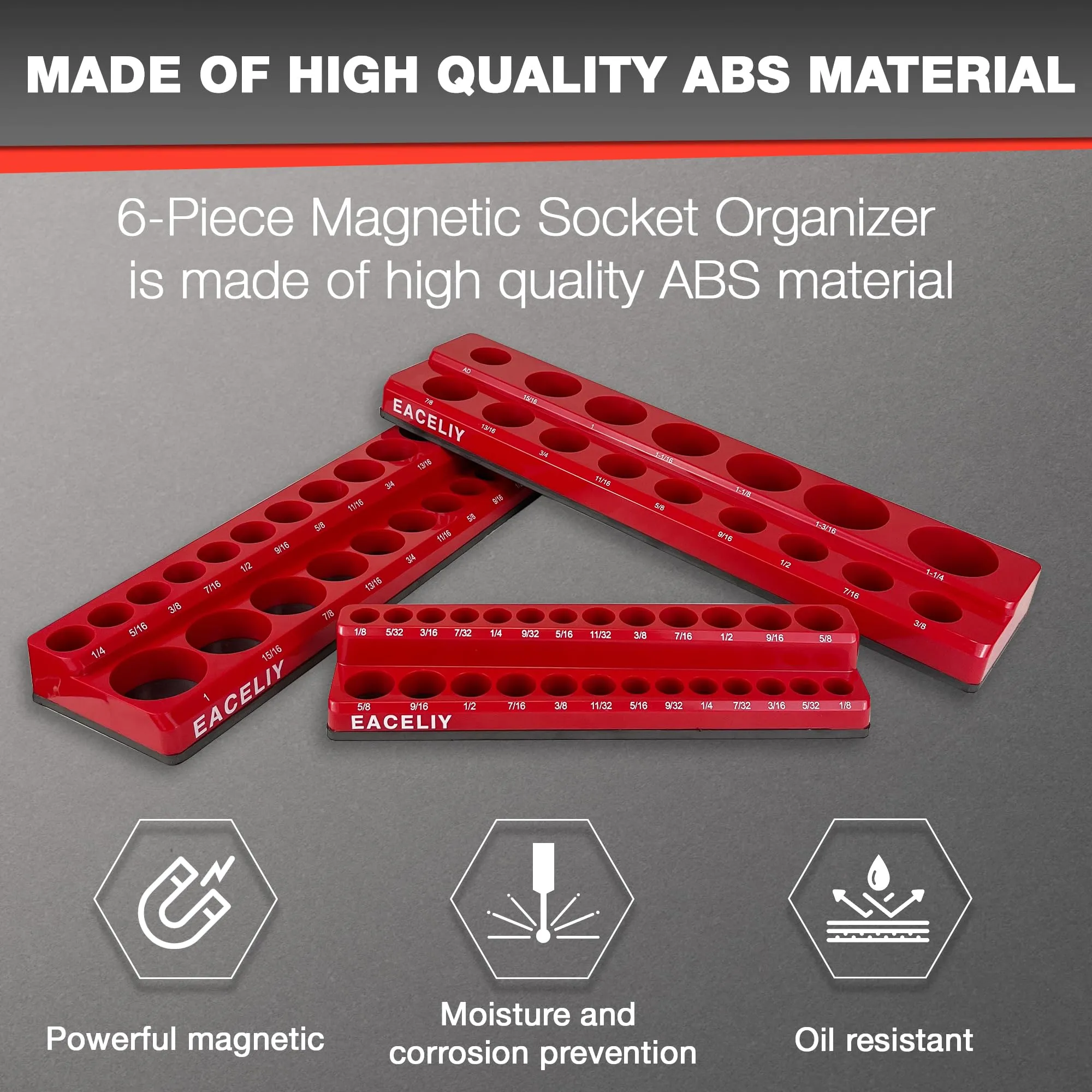 EACELIY 6Pcs Magnetic Socket Organizer Set, 1/2", 1/4" and 3/8" SAE & Metric Deep & Shallow Socket Holder Kit, Socket Traysholds 143pcs Sockets (sockets not included)