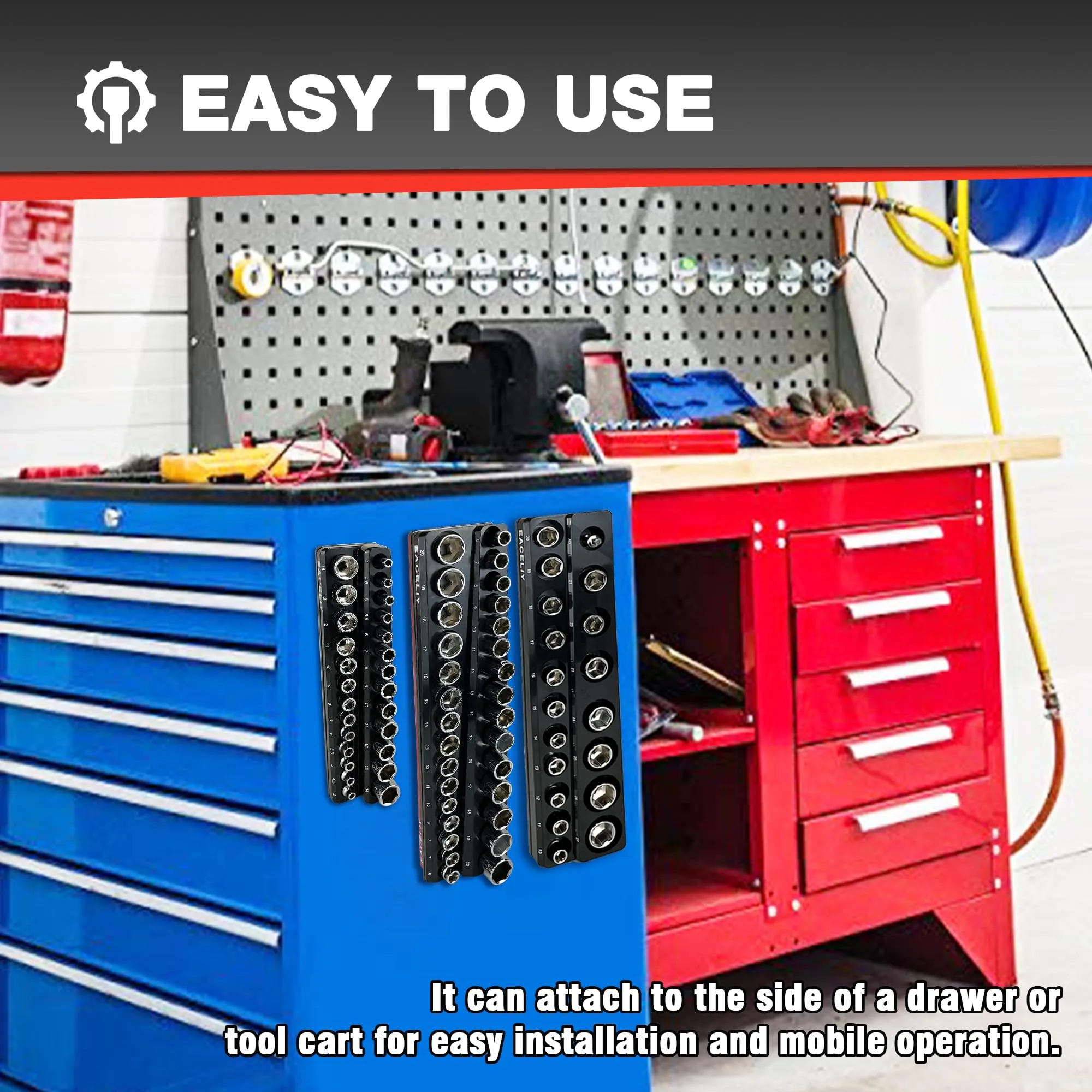 EACELIY 6Pcs Magnetic Socket Organizer Set, 1/2", 1/4" and 3/8" SAE & Metric Deep & Shallow Socket Holder Kit, Socket Traysholds 143pcs Sockets (sockets not included)