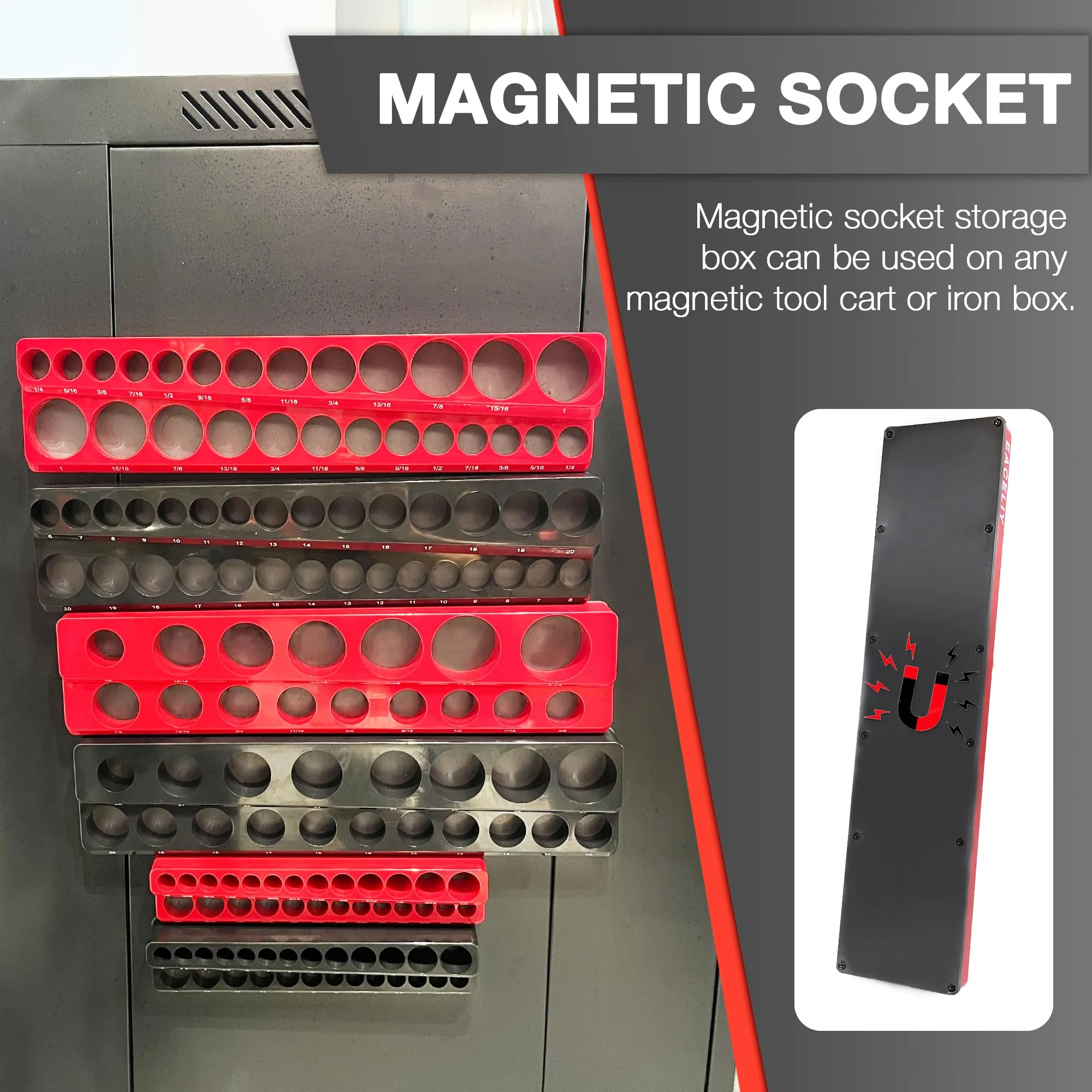 EACELIY 6Pcs Magnetic Socket Organizer Set, 1/2", 1/4" and 3/8" SAE & Metric Deep & Shallow Socket Holder Kit, Socket Traysholds 143pcs Sockets (sockets not included)