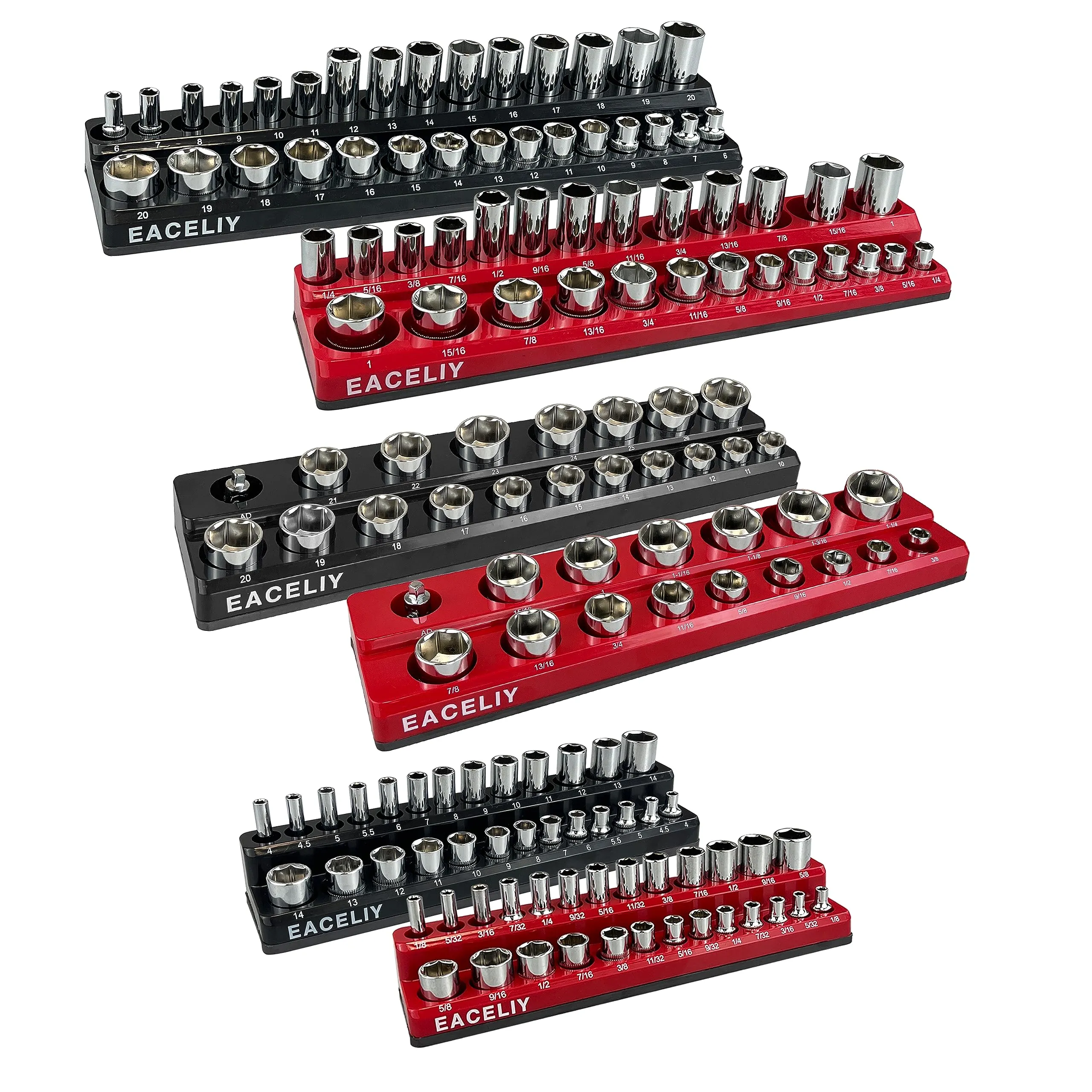 EACELIY 6Pcs Magnetic Socket Organizer Set, 1/2", 1/4" and 3/8" SAE & Metric Deep & Shallow Socket Holder Kit, Socket Traysholds 143pcs Sockets (sockets not included)