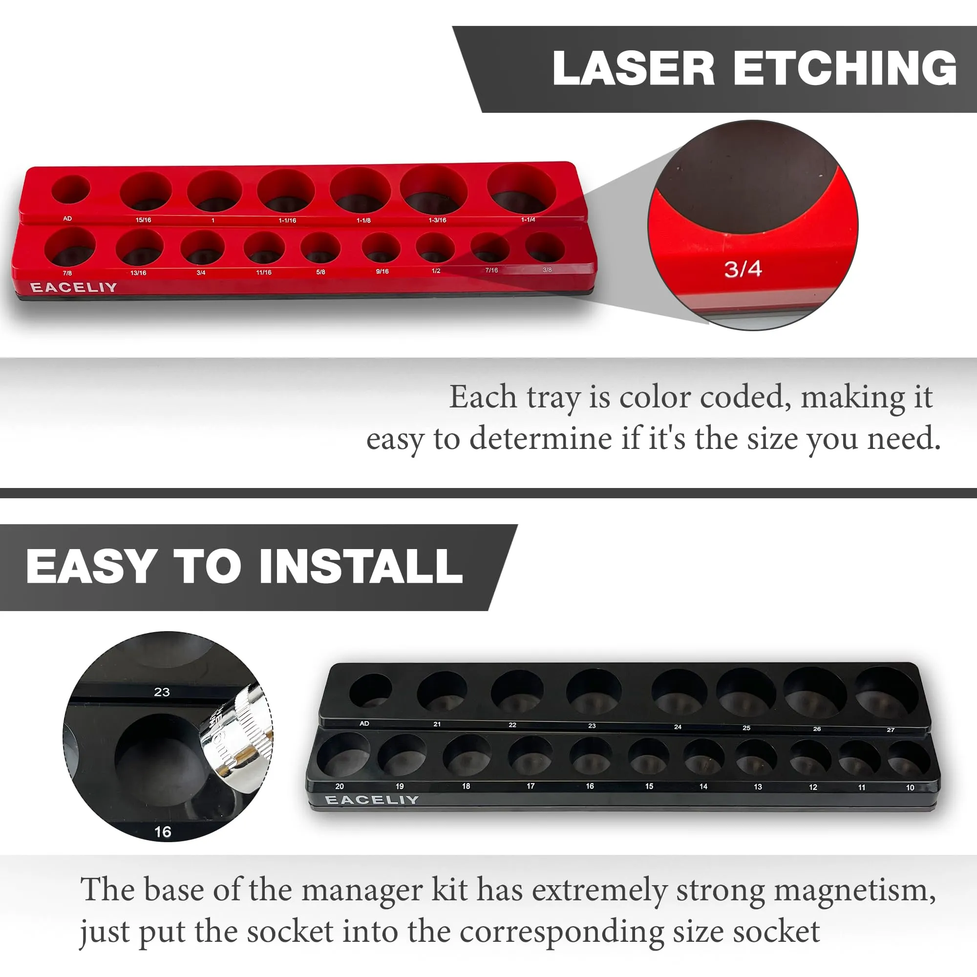 EACELIY 6Pcs Magnetic Socket Organizer Set, 1/2", 1/4" and 3/8" SAE & Metric Deep & Shallow Socket Holder Kit, Socket Traysholds 143pcs Sockets (sockets not included)