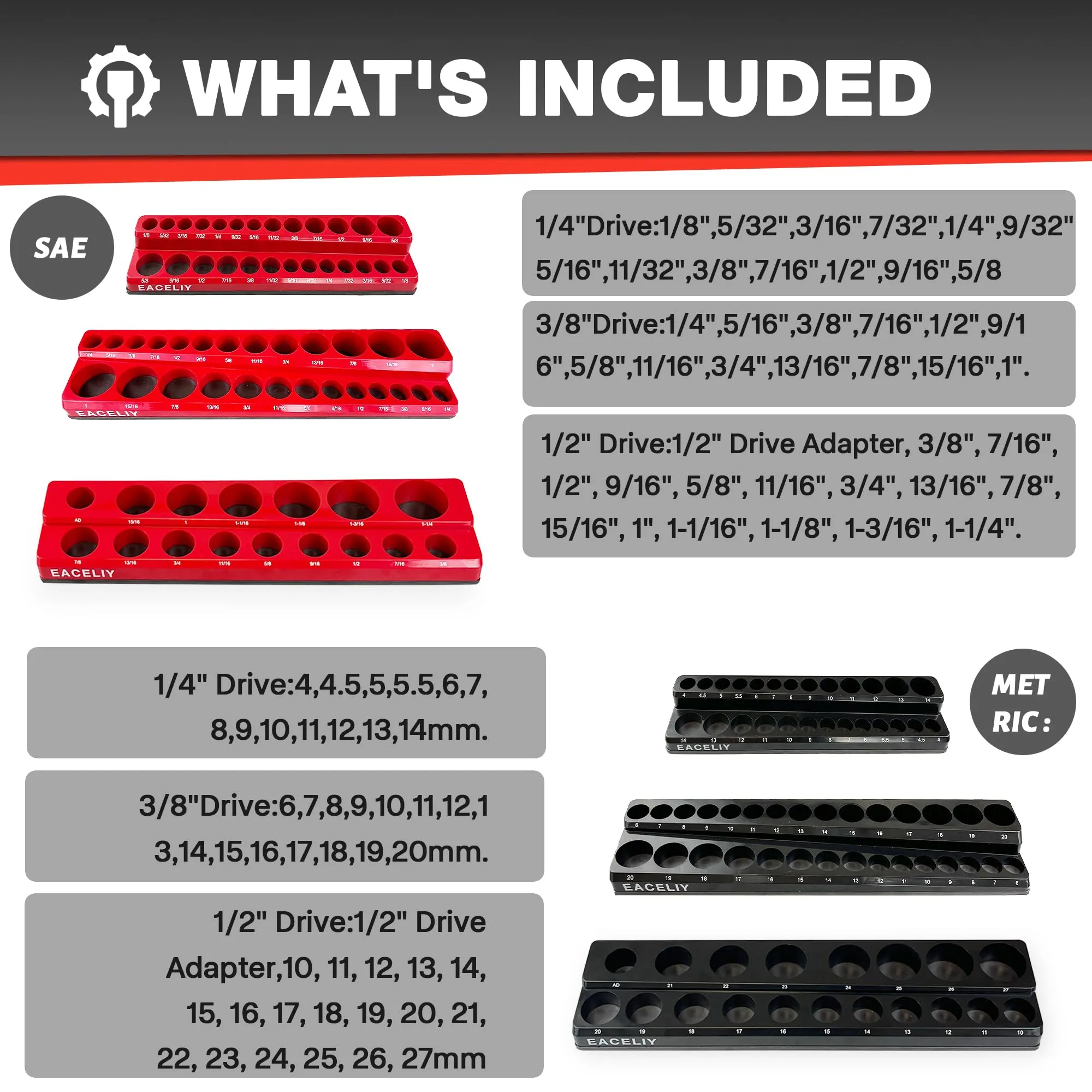 EACELIY 6Pcs Magnetic Socket Organizer Set, 1/2", 1/4" and 3/8" SAE & Metric Deep & Shallow Socket Holder Kit, Socket Traysholds 143pcs Sockets (sockets not included)