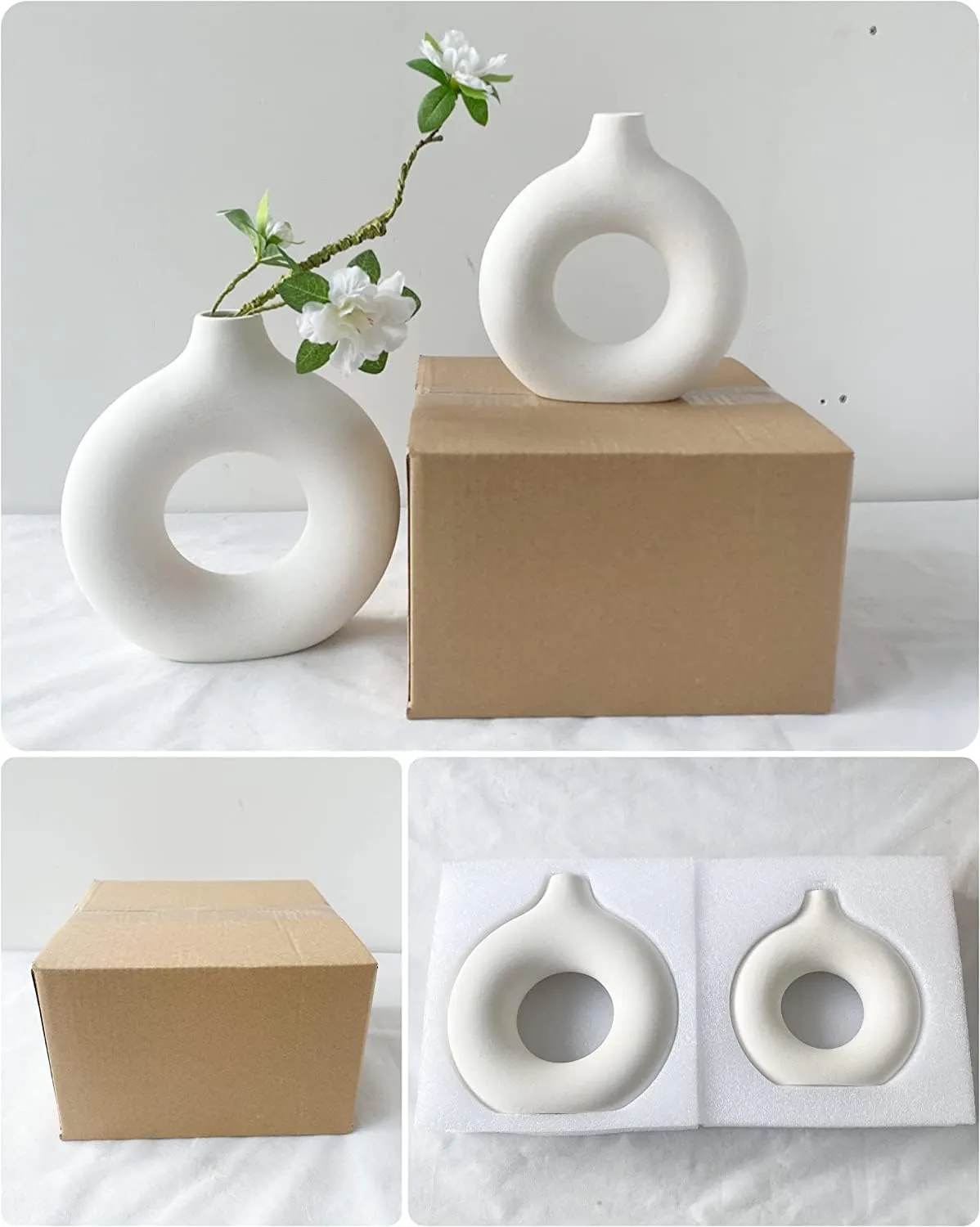 Earthly India Modern Off White Ceramic Donut Vase for Living Room (6 & 8 Inch), Elegant Pampas Grass Vase for Home Decor | Stylish Round Shape Vases for Bedroom, Office | Decorative Gift-Set of 2