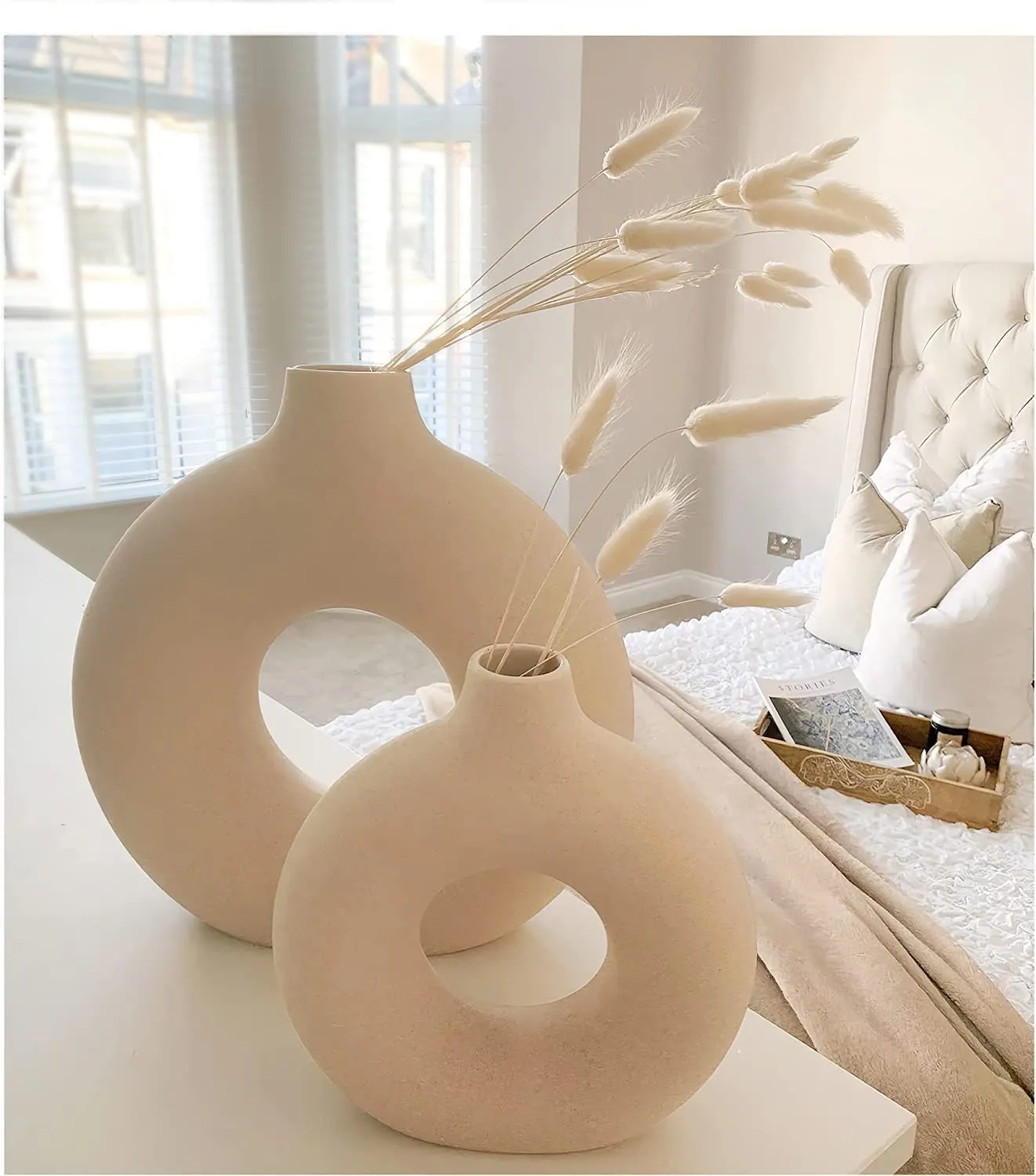 Earthly India Modern Off White Ceramic Donut Vase for Living Room (6 & 8 Inch), Elegant Pampas Grass Vase for Home Decor | Stylish Round Shape Vases for Bedroom, Office | Decorative Gift-Set of 2