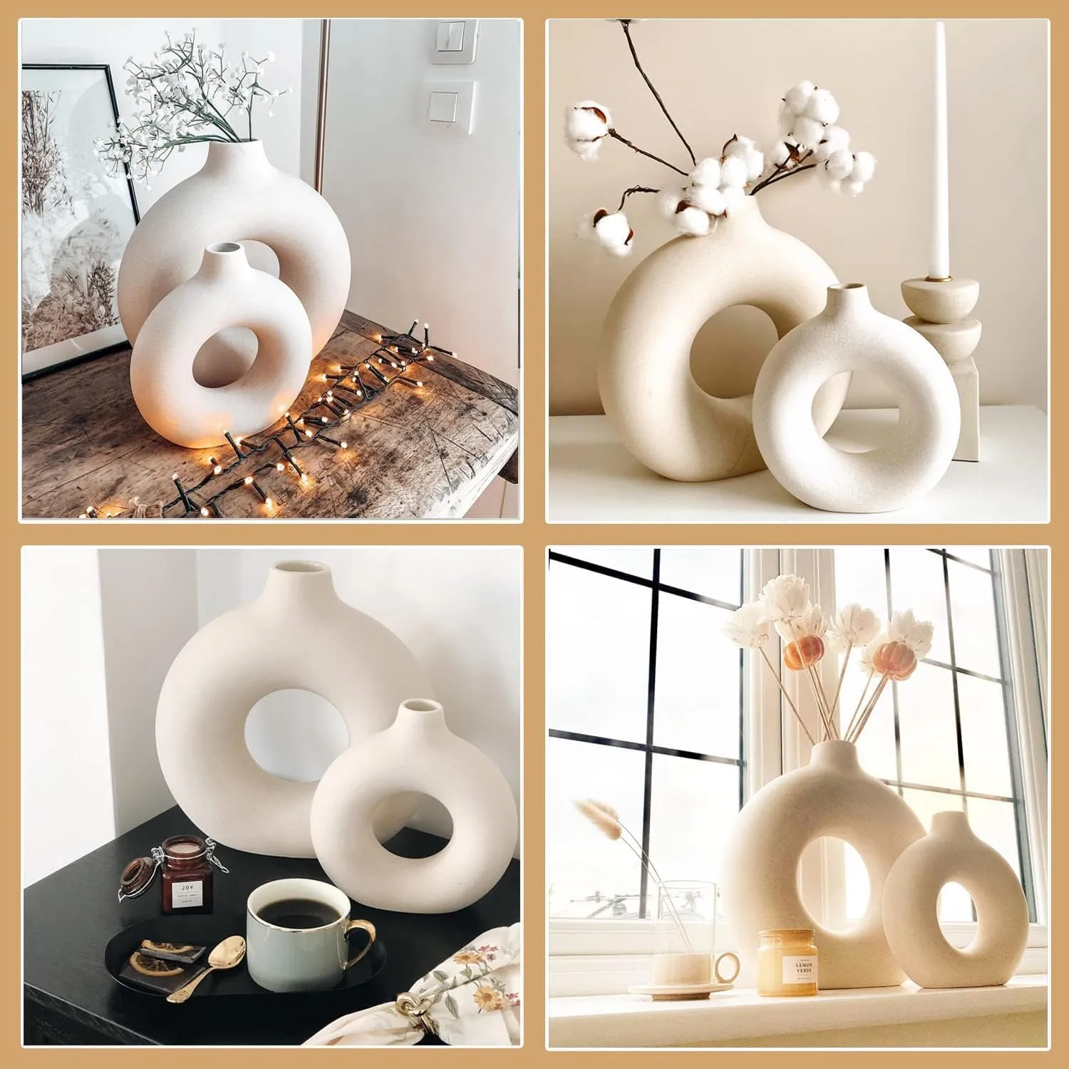 Earthly India Modern Off White Ceramic Donut Vase for Living Room (6 & 8 Inch), Elegant Pampas Grass Vase for Home Decor | Stylish Round Shape Vases for Bedroom, Office | Decorative Gift-Set of 2