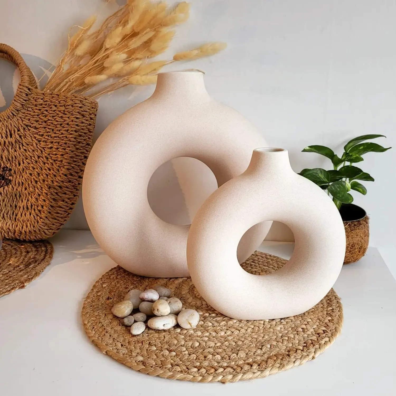 Earthly India Modern Off White Ceramic Donut Vase for Living Room (6 & 8 Inch), Elegant Pampas Grass Vase for Home Decor | Stylish Round Shape Vases for Bedroom, Office | Decorative Gift-Set of 2