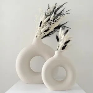 Earthly India Modern Off White Ceramic Donut Vase for Living Room (6 & 8 Inch), Elegant Pampas Grass Vase for Home Decor | Stylish Round Shape Vases for Bedroom, Office | Decorative Gift-Set of 2