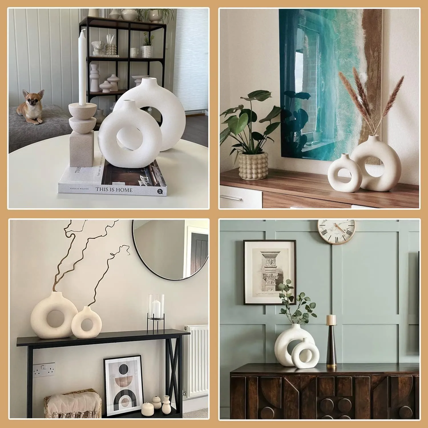 Earthly India Modern Off White Ceramic Donut Vase for Living Room (6 & 8 Inch), Elegant Pampas Grass Vase for Home Decor | Stylish Round Shape Vases for Bedroom, Office | Decorative Gift-Set of 2