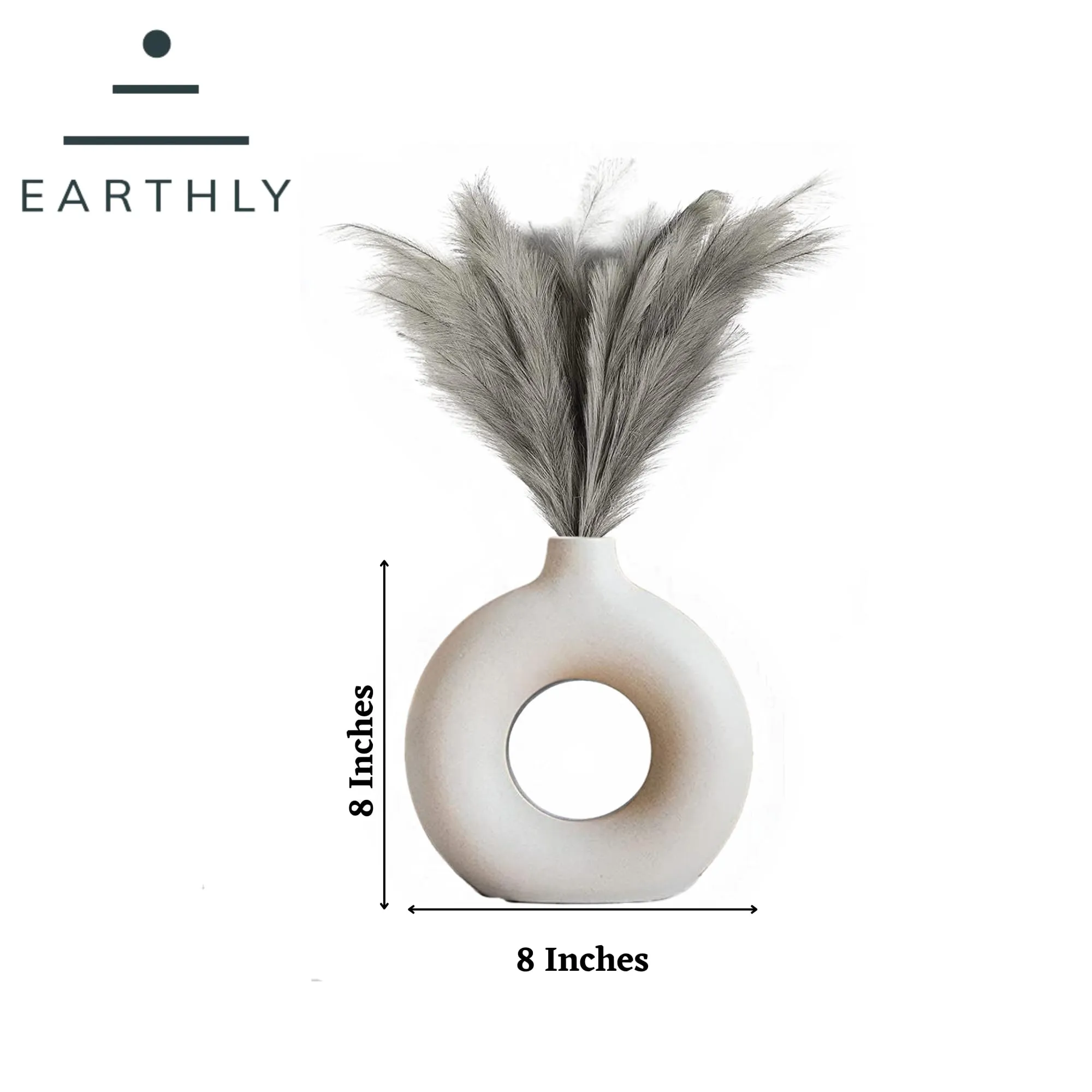 Earthly India Modern Off White Ceramic Donut Vase for Living Room (6 & 8 Inch), Elegant Pampas Grass Vase for Home Decor | Stylish Round Shape Vases for Bedroom, Office | Decorative Gift-Set of 2